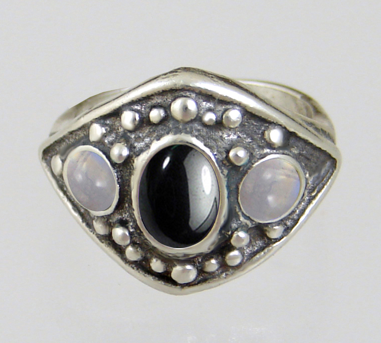 Sterling Silver Medieval Lady's Ring with Hematite And Rainbow Moonstone Size 9